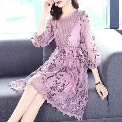 Senior Sense of Lace Wood Ear Trim Dress Women Elegant Loose Age Reduction Embroidered Dresses