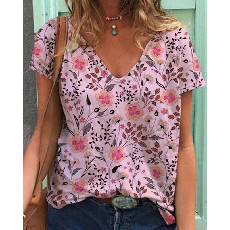 Summer Scenery Flowers Plants 3D Printed Short Sleeved T-shirt Women's Loose Short Sleeved Top V-neck T-shirt
