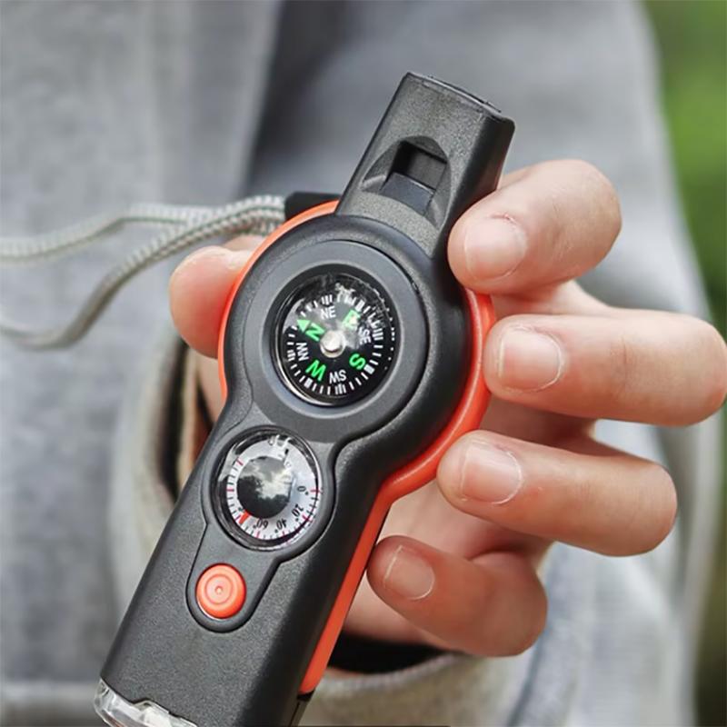 7-in-1 Multifunktionspfeife Outdoor-Kompass Thermometer LED-Licht Überlebens-Taschenlampe Rückspiegel Lupe