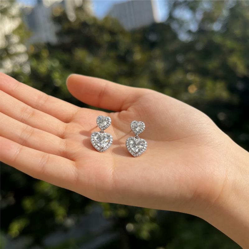 Beixi S999 Sterling Silver Double Heart Zirconia Stud Earrings - Luxury Versatile Accessory for Commute, Date, or Banquet