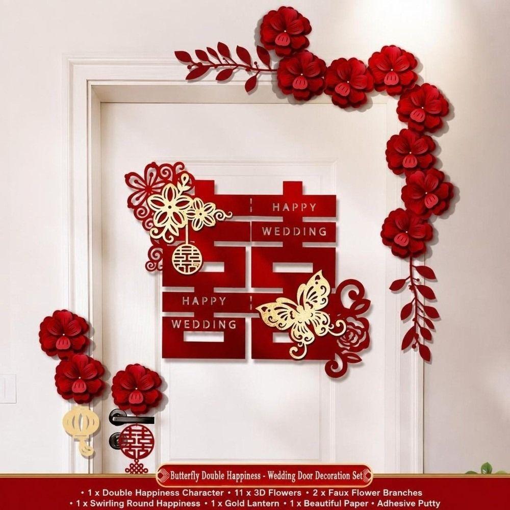 Red Flower Garland Wedding Door Hanging Chinese Double Happiness Sign Home Entrance Decor