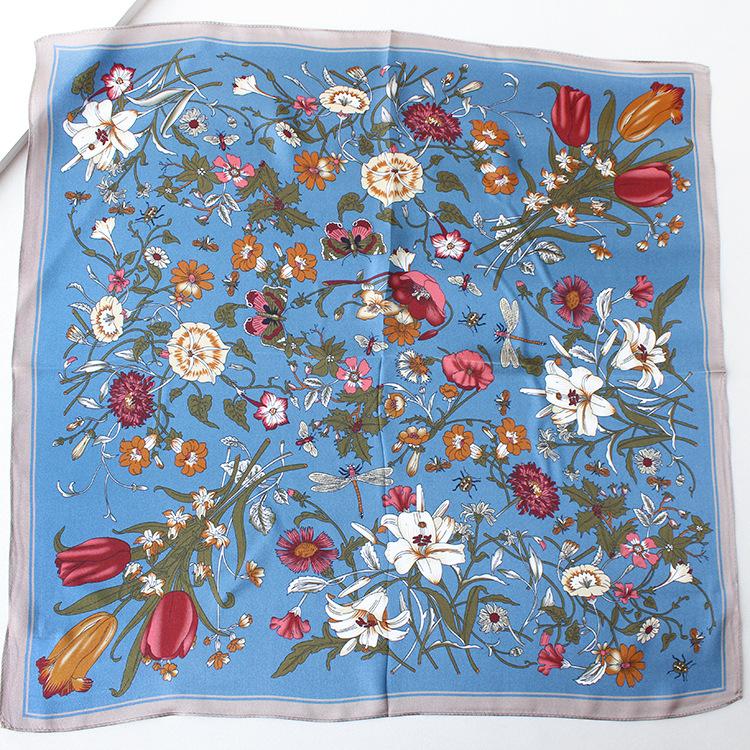 53*53CM Pure Silk Neck Scarf Silk Bandana Hijab Neckerchief Square Hair Scarf Floral Bird 100% Silk Scarf for Women