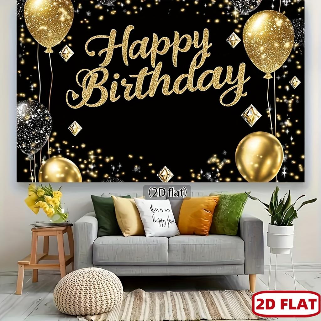 Ein luxuriöses Geburtstagsbanner im Schwarz-Gold-Thema, verziert mit Diamant-Ballons und glitzerndem Pulver.