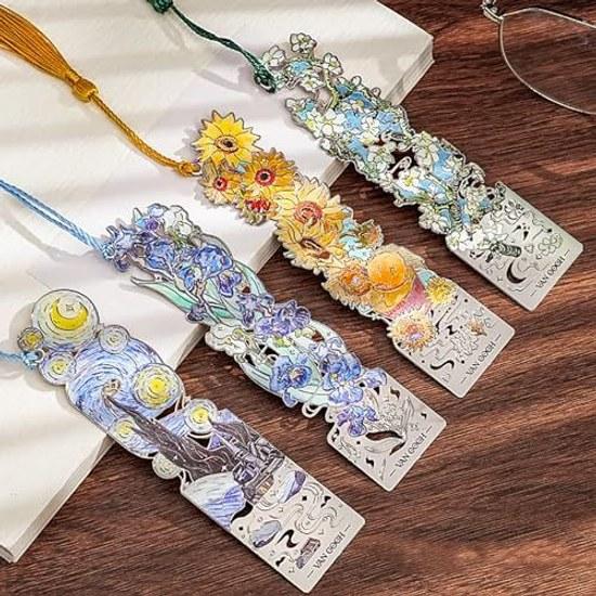 Van Gogh Bookmark Set4 Pieces Set Stylish Elegant Art Silver Hollow Trim String Students Teachers Reading Painting Book Page Marker Stationery Present
