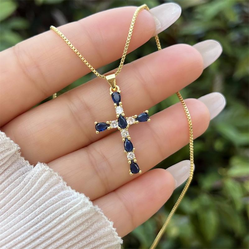 18K Gold-plated Copper Zircon Water Drop Cross Necklace, Classic and Simple Style, Daily Waterproof and Non Fading Pendant