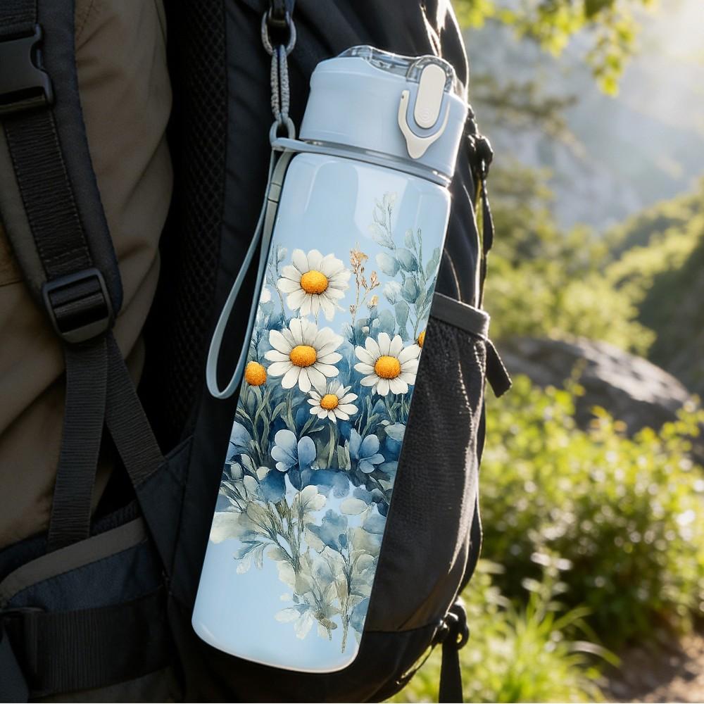 1PC White Daisy Blue Floral Bouquet Print 750ml Color Plastic Sports Water Bottle Leakproof Flip Straw Lid Suitable for Sports Office Home Use