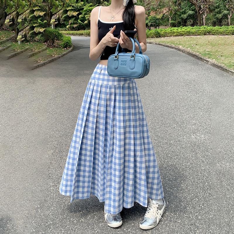Falda Larga de Cuadros Azules y Blancos Estilo Vintage Falda de Línea A Falda Paraguas Falda Ceñida de Cintura Alta Versátil Estilo Actualizado Primavera y Verano