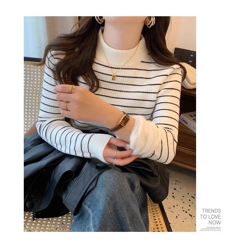 

Semi-turtleneck striped color matching integrated fleece plush thick sweater for women s autumn and winter new bottoming knitted sweater for women average code