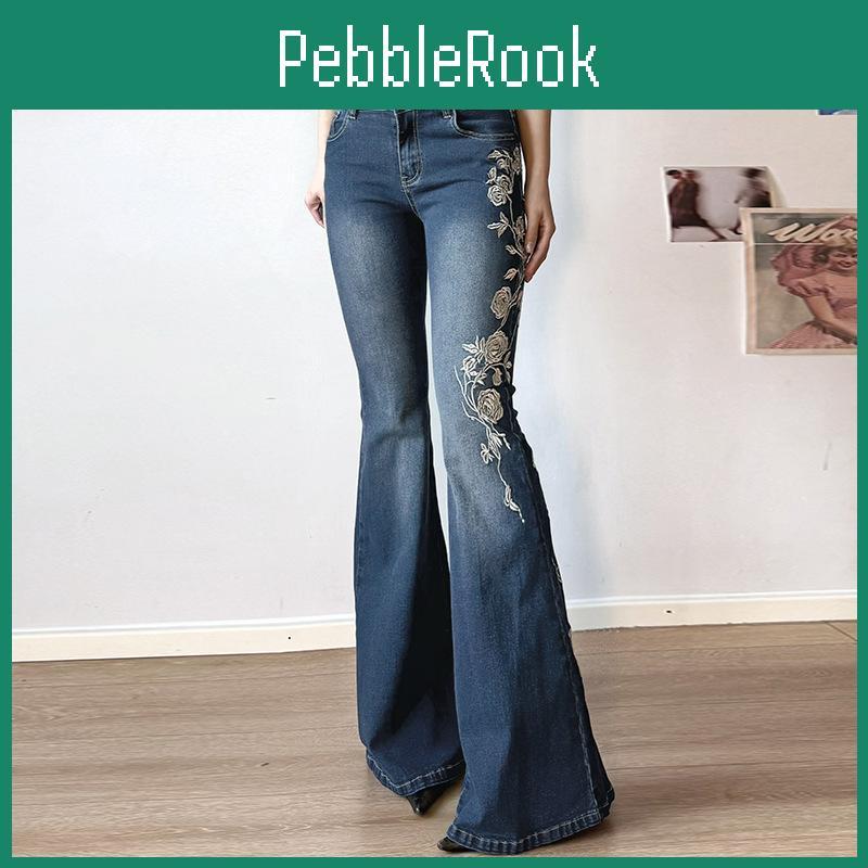Schlag Y2k Stickerei Pflanzenbedruckte Jeans Damen Vintage Skinny Bootcut Hosen Mode Straße 2000er Denim Hosen Herbst