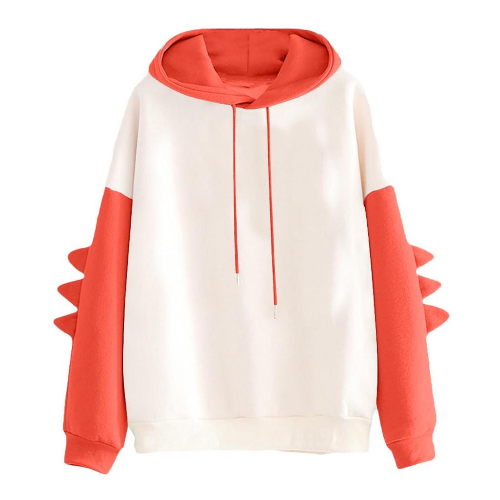 Women's Solid Color Contrasting Dinosaur Loose Casual Hoodie