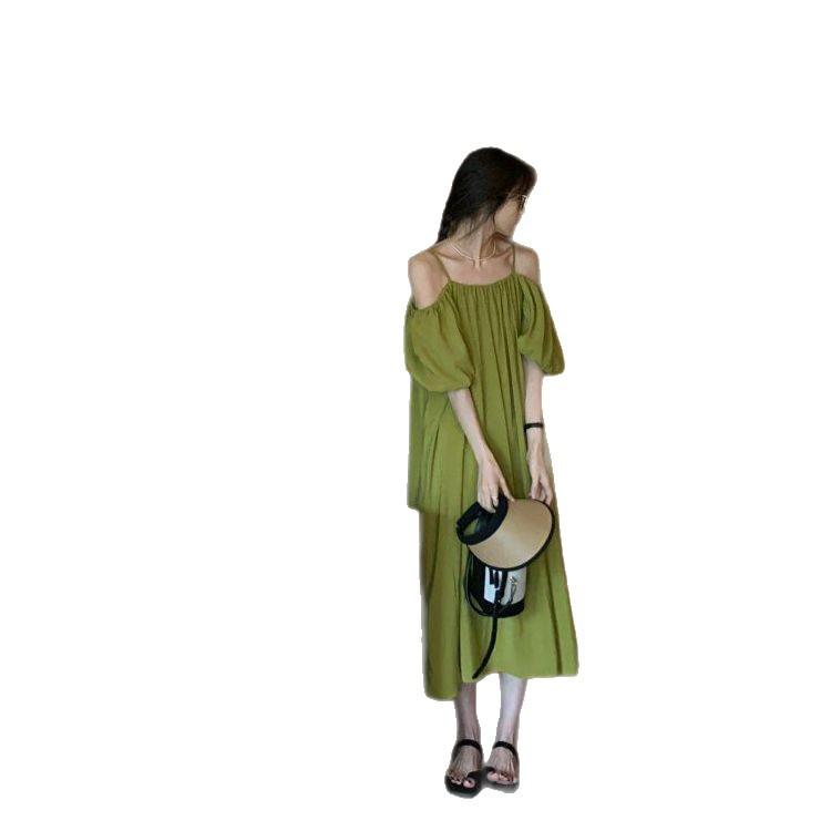 Women's Summer 2025 Green Spaghetti Strap Off-the-Shoulder Maxi Dress - Elegant French Beachwear