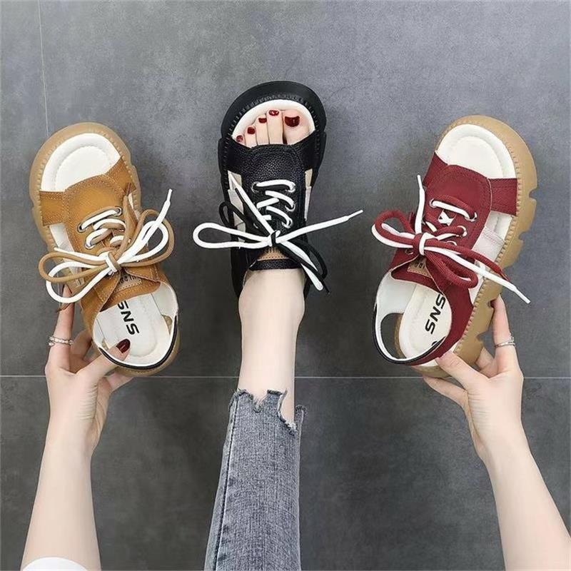 Soft Leather Women's Sandals Spring and Summer Fashion Color Matching Muffin Bottom Thick Sole Outer Wear Flat Bottom Lace-up Beach Roman Sandals