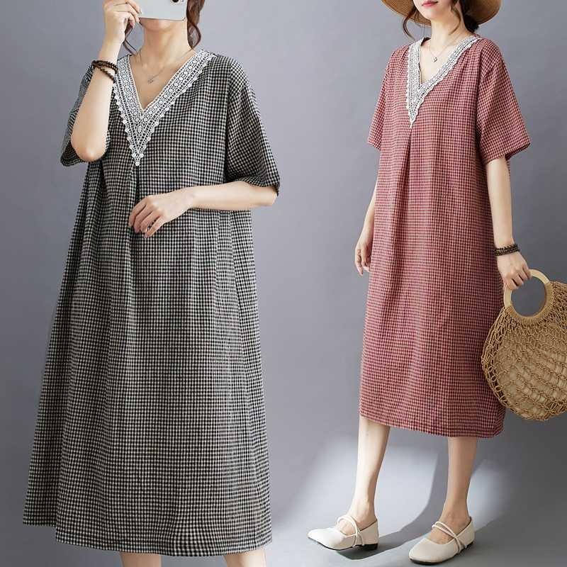Summer Retro Cotton Linen Lace Cotton Linen Plaid Dress