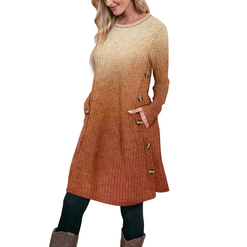 Women's Fashion Casual Long SleeveTunic Dress With Pockets Side Button Dress