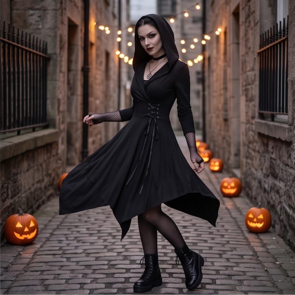 Damen Gothic Farbige Kapuzen-Schnürkleid mit asymmetrischem Schürzen Saum