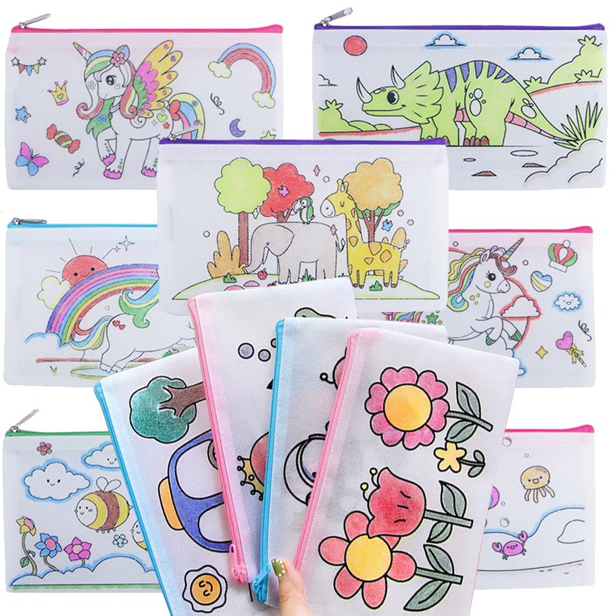 5/10pcs 21cm Non-woven Cartoon Pen Bag Line Pattern Stationery Storage Bag Lightweight Large Pencil Case School Office Supplies