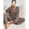 Women's Set of Loose Casual Long-sleeved V-neck Pit Striped Brushed Top and Trousers 2-piece Set