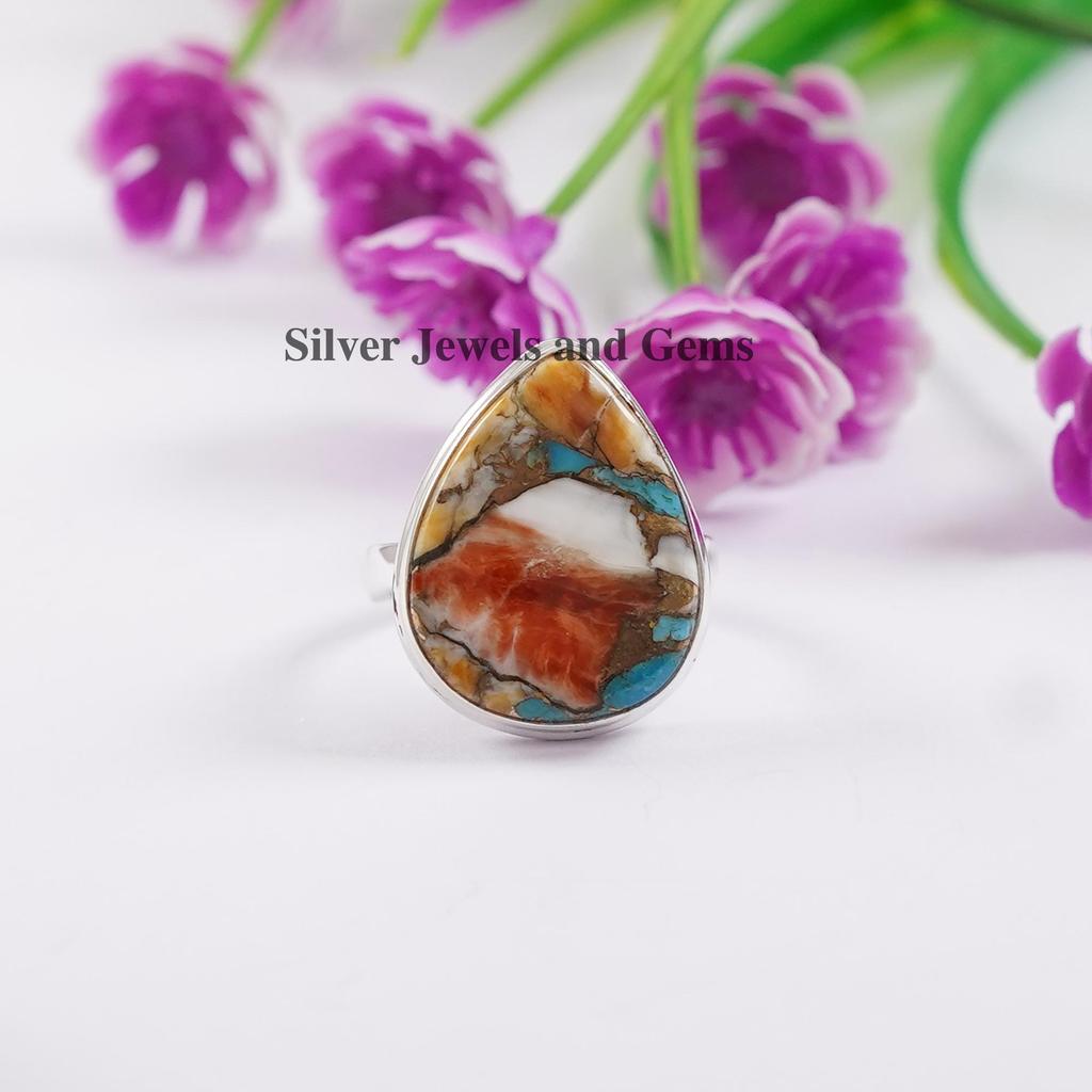 Copper Turquoise Ring, Handmade Ring for Gift, 925 Sterling Silver Ring, Teardrop Oyster Turquoise Ring, Daily Wear Ring