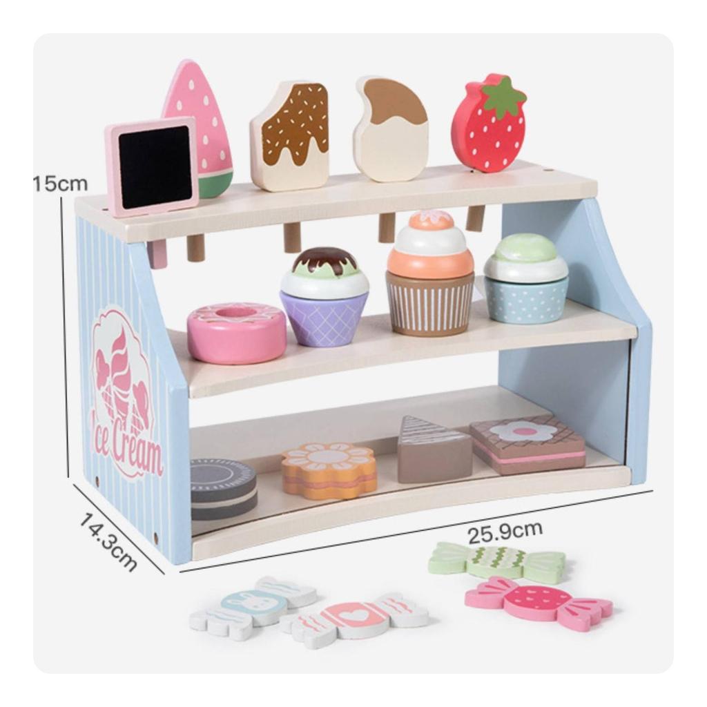 Wooden Dessert Shelf ThreeTier Pretend Accessible Front Tea Party Play Set for