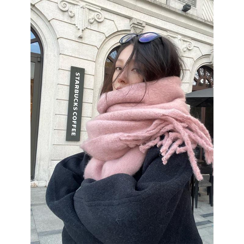 Autumn and Winter Velvet Feel Long Warm Tassel Brushed Large Scarf for Women Solid Color Versatile