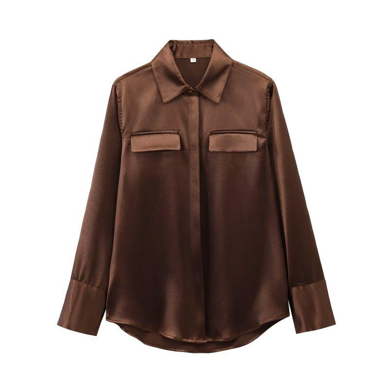 

Fall and Winter New Women s Clothing Fashion Air Outlet Pocket Decoration Silk Satin Texture Lapel Long Sleeve Shirt Tops 8987213 Brown L