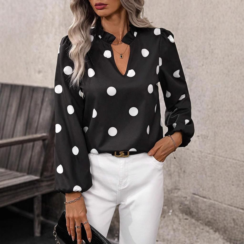 European and American New Polka Dot Print Long-sleeved Top