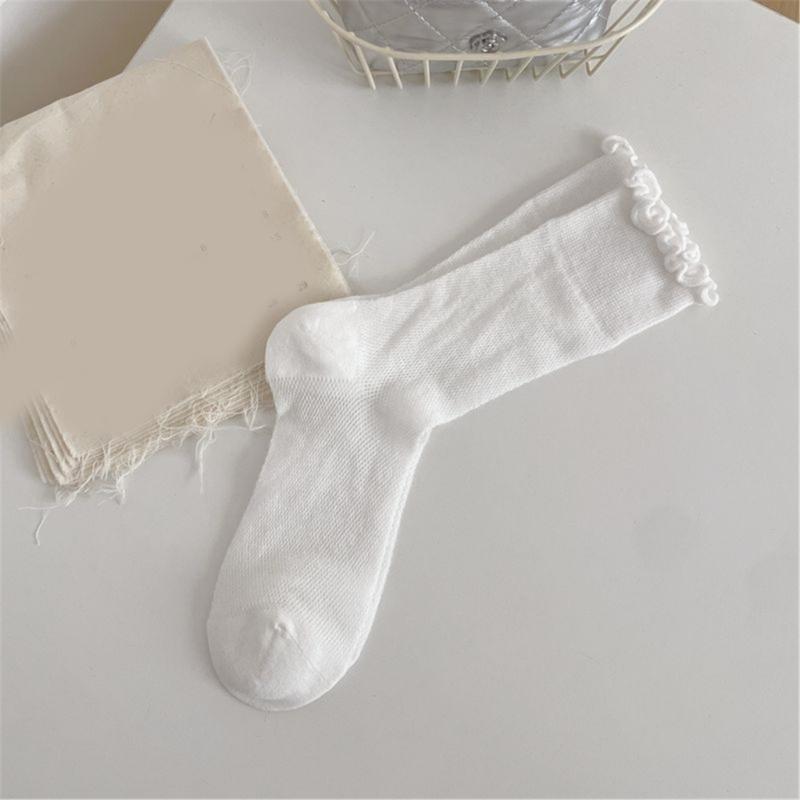 Elegant Hollow Out Breathable Mesh Middle Calf Socks Seamless Cotton Solid Color Ruffle Turn Cuff Crew Socks for Women