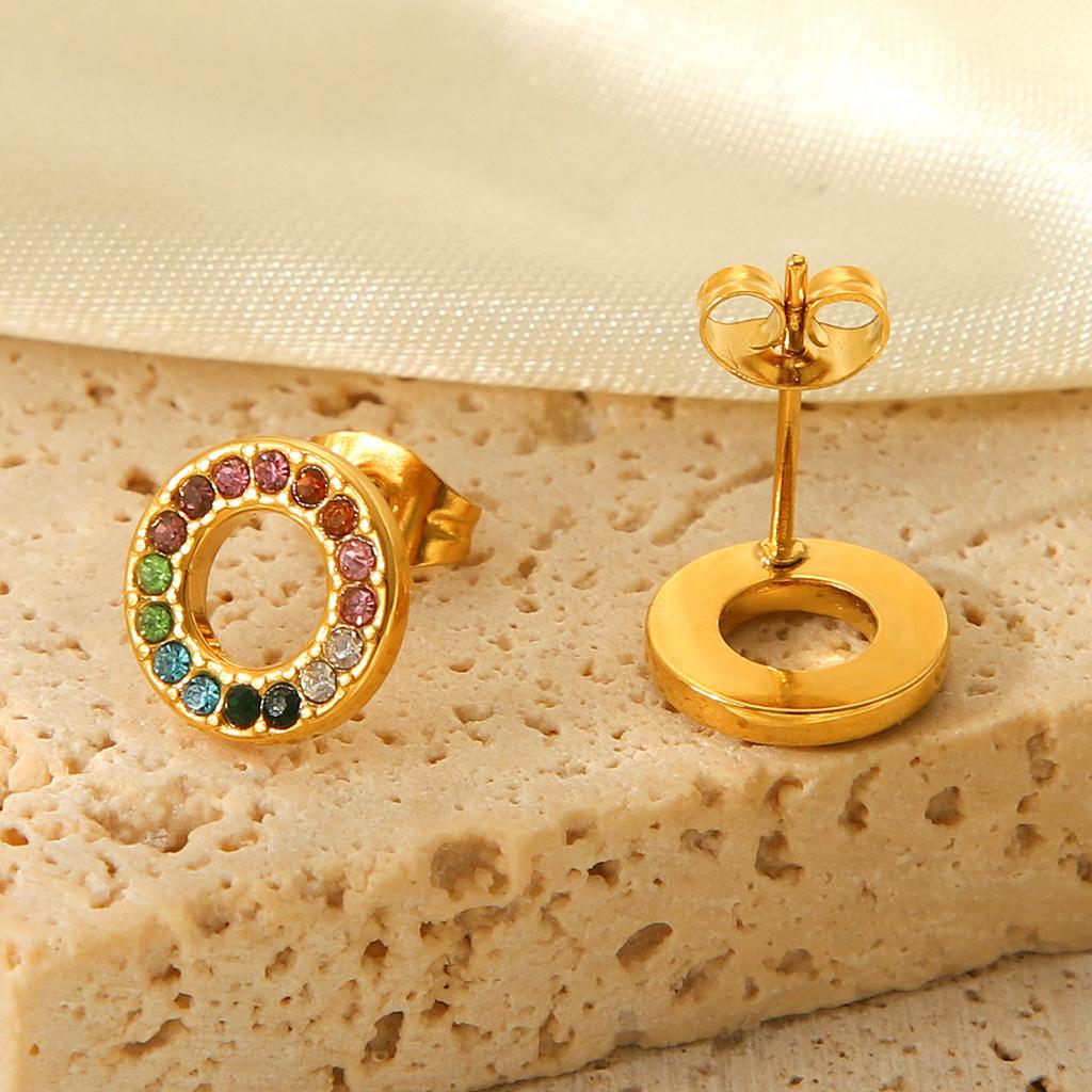 Round Stainless Steel Colorful Diamond Stud Earrings for Women, Light Luxury Versatile Titanium Steel Earrings, Fade-resistant