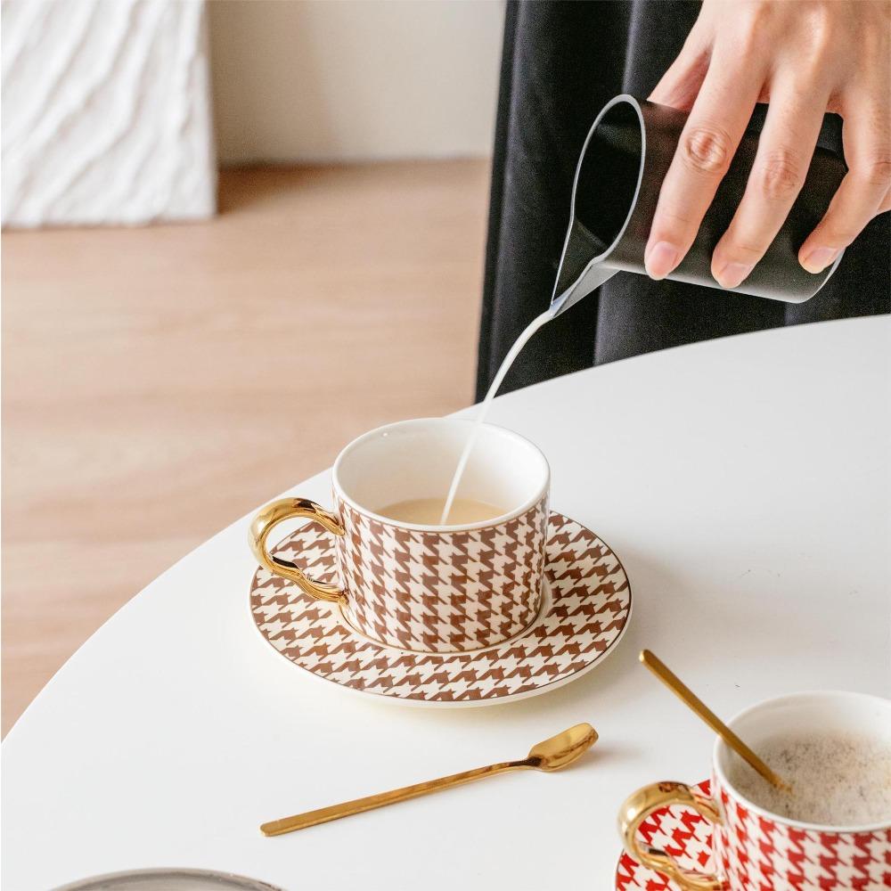 Hahnentritt-Keramik-Nachmittagsteetasse, goldbemalte Kaffeetasse mit Löffel, Büro-Wassertasse, Blumenteetasse für Männer und Frauen