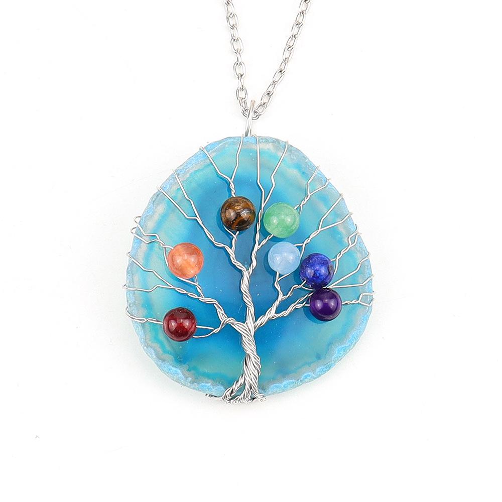 Handmade Silk Winding Tree Of Life Colorful Beads Natural Agate Sheet Pendant Necklace N634