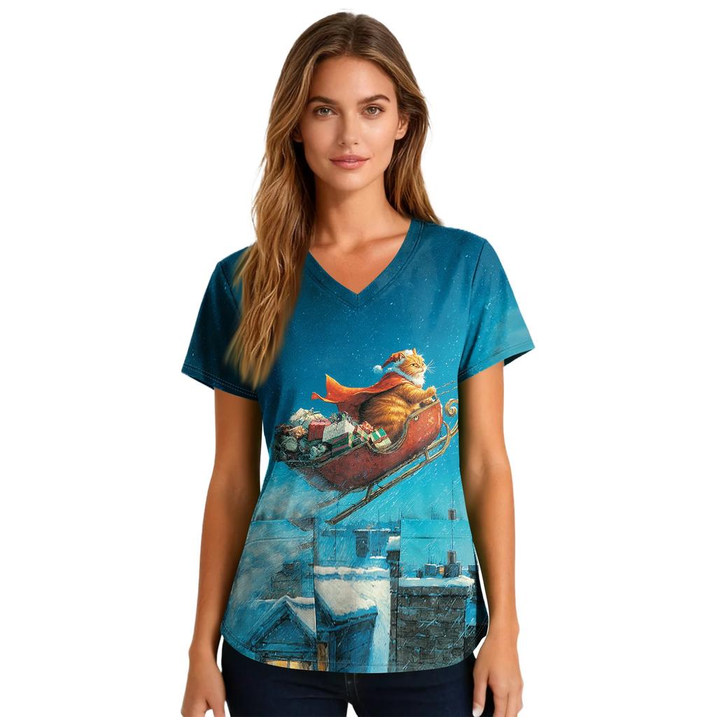 Women's Printing Uniform Work Uniform V-neck Pockets Basic Short Sleeve Pullover Top