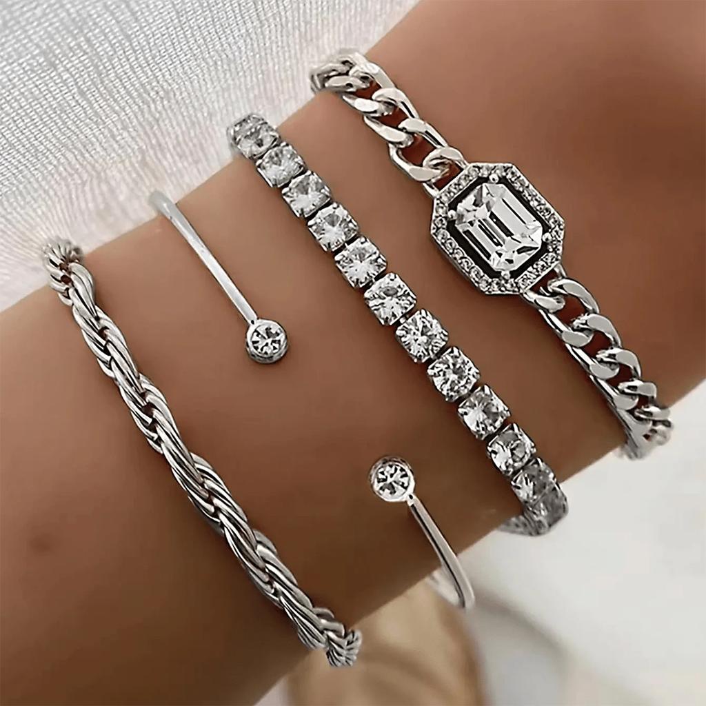 4 Piece Set Women Zircon Fashion Versatile Retro Personality Fried Dough Twists Bracelet Imitation Gem Punk Bracelet Bracelet