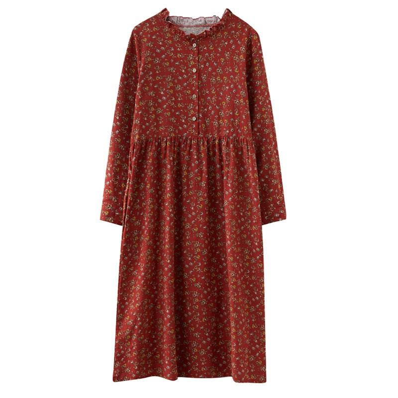 Long Sleeve Cotton Linen Ruffle Vintage Floral Dresses for Women Casual Loose Spring Autumn Dress Elegant Clothing