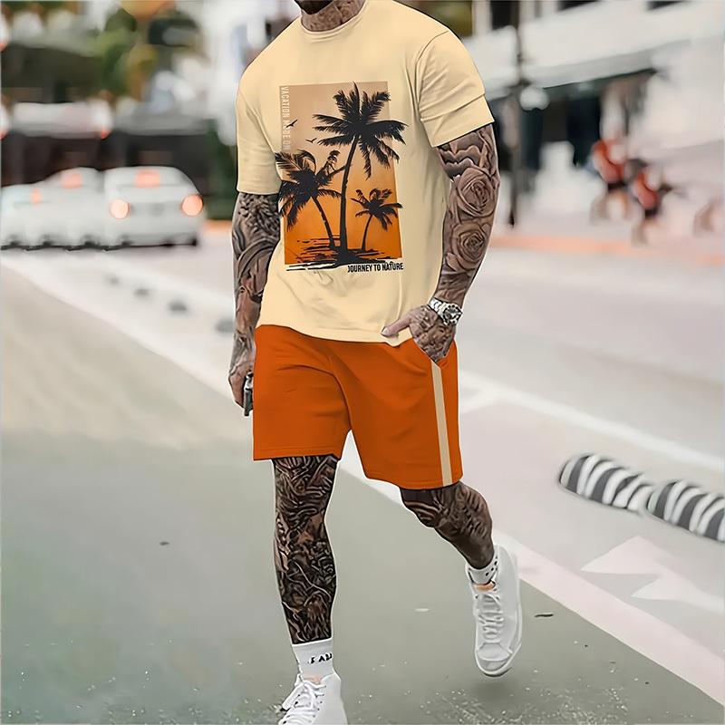 Stylish Men's Casual Suit Summer Breathable And Refreshing Suit Beach Style Printed 3D Coconut Oversized Men's Loose Top