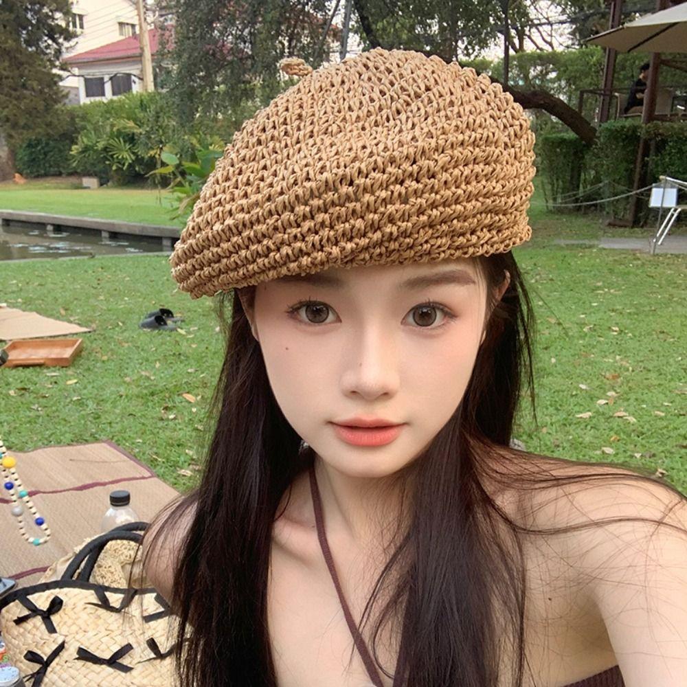 Summer Weave Cap Handmade Painter Hat Fashion Straw Beret Women