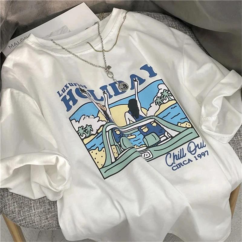 New Summer Women's Retro American Short-sleeved T-shirt Loose White Korean Fashion Tops Y2k Top Graphic Women Clothing
