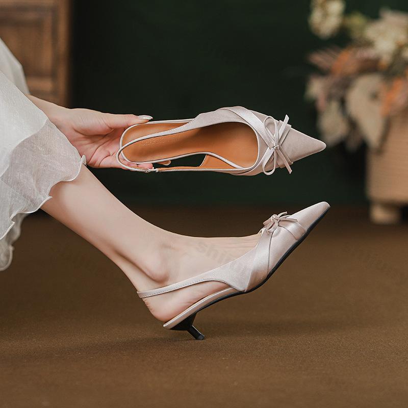 Women High Heel Sandals Summer New Elegant Butterfly-knot Fashion Pointed Toe Pumps Outdoor Non Slip Shallow Slingbacks Heels
