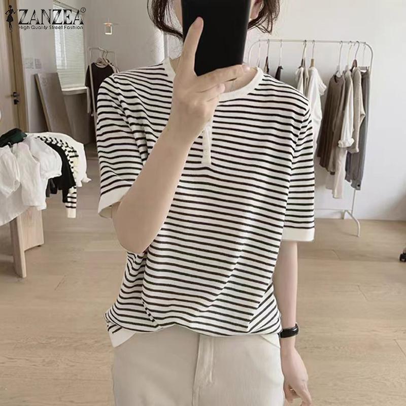 

ZANZEA Женская повседневная футболка с круглым вырезом и коротким рукавом в полоску L белый