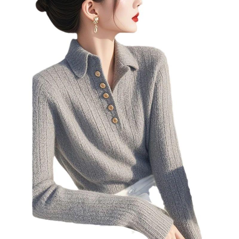 Gray Lapel Pullover Knitted Sweater Bottoming Shirt Women's Autumn and Winter New Waist and Thin Top