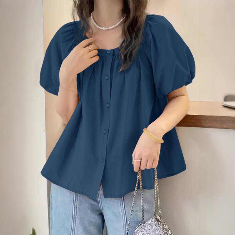 

ZANZEA Женская повседневная блузка с квадратным вырезом, летняя, с коротким рукавом, однотонная 4XL синий