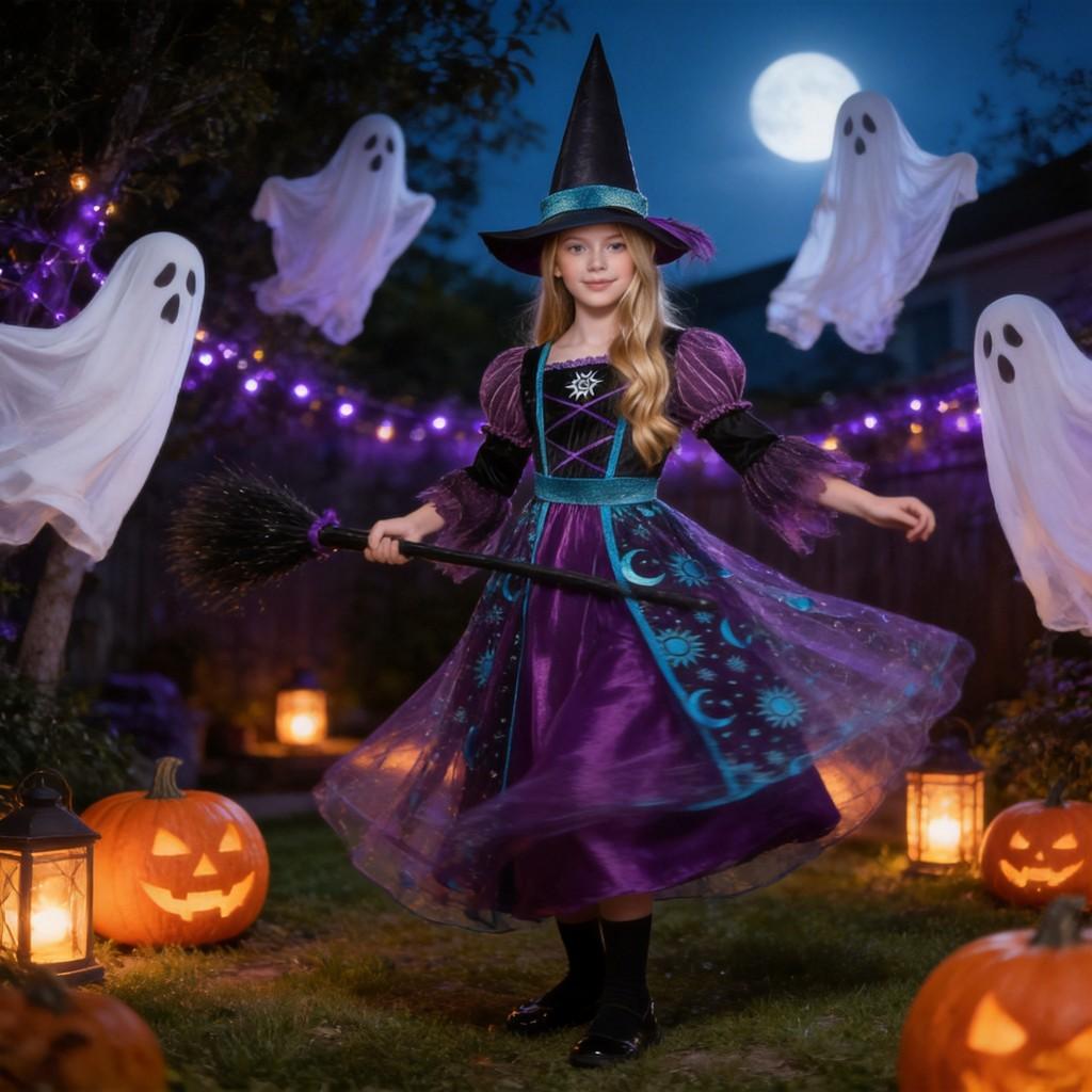 Generic Kids Witch Costume Set With Mesh Fabric For Halloween Dress Up Play