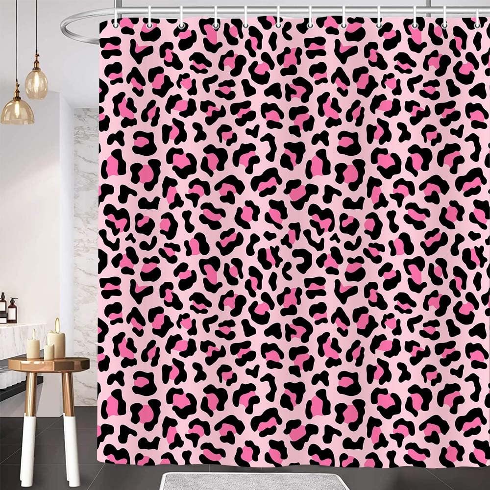 Pink Leopard Print Shower Curtain, Sexy  Tub Bath Curta, Cheetah Skin Pattern Bathroom Decor for Girl Shower Curtain Set with