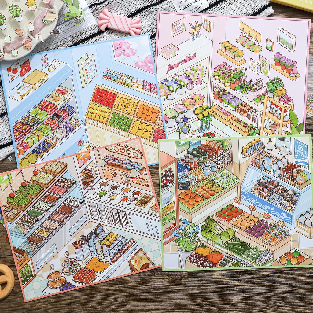 JIAMEI Kawaii 3D Cartoon Miniature Scene Fun Simulation Store Management Style Stickers DIY Scrapbook Materials Scene Stickers