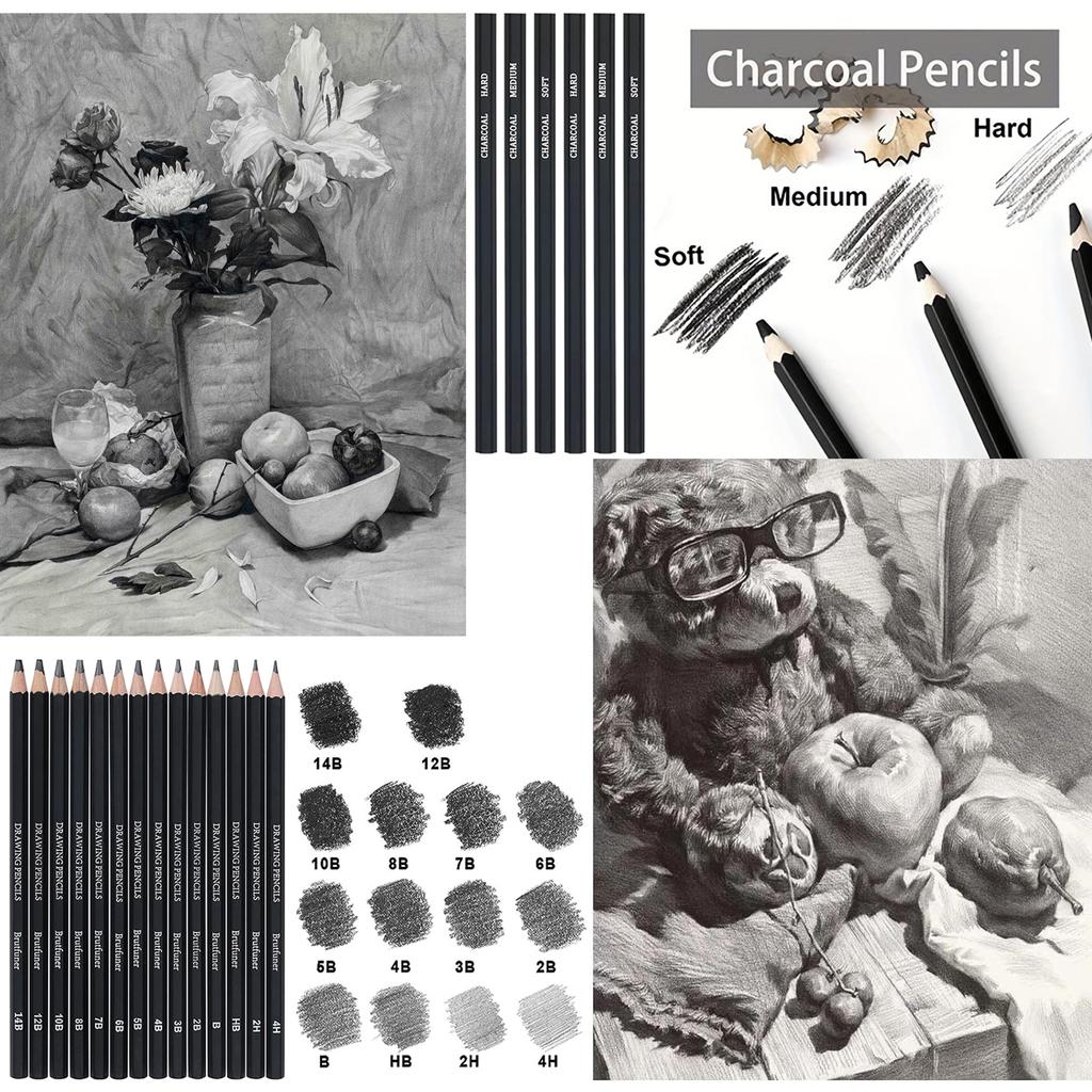 20/38/42/48 Pcs Sketch Pencil Set Sketching Kit Roll Up Canvas Wrap Bag Drawing Art Supplies Charcoals Kneaded Eraser PencilCase