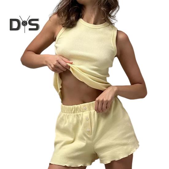 

Женский комплект из двух предметов для отдыха, ребристый топ без рукавов с круглым вырезом и шорты на эластичной талии, летний повседневный наряд M жёлтый