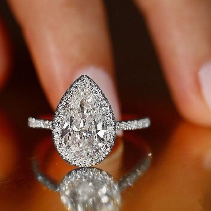 Pink/Crystal Waterdrop Cubic Zircon Rings for Women Classic Design Eternity Wedding Engagement Rings Silver Color Jewelry
