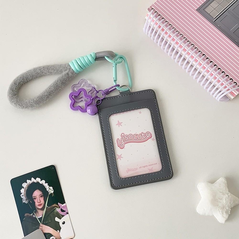Kawaii PU Leather Card Holder Double Card Slot with Lanyard ID Card Card Holder Photos Protective Cover