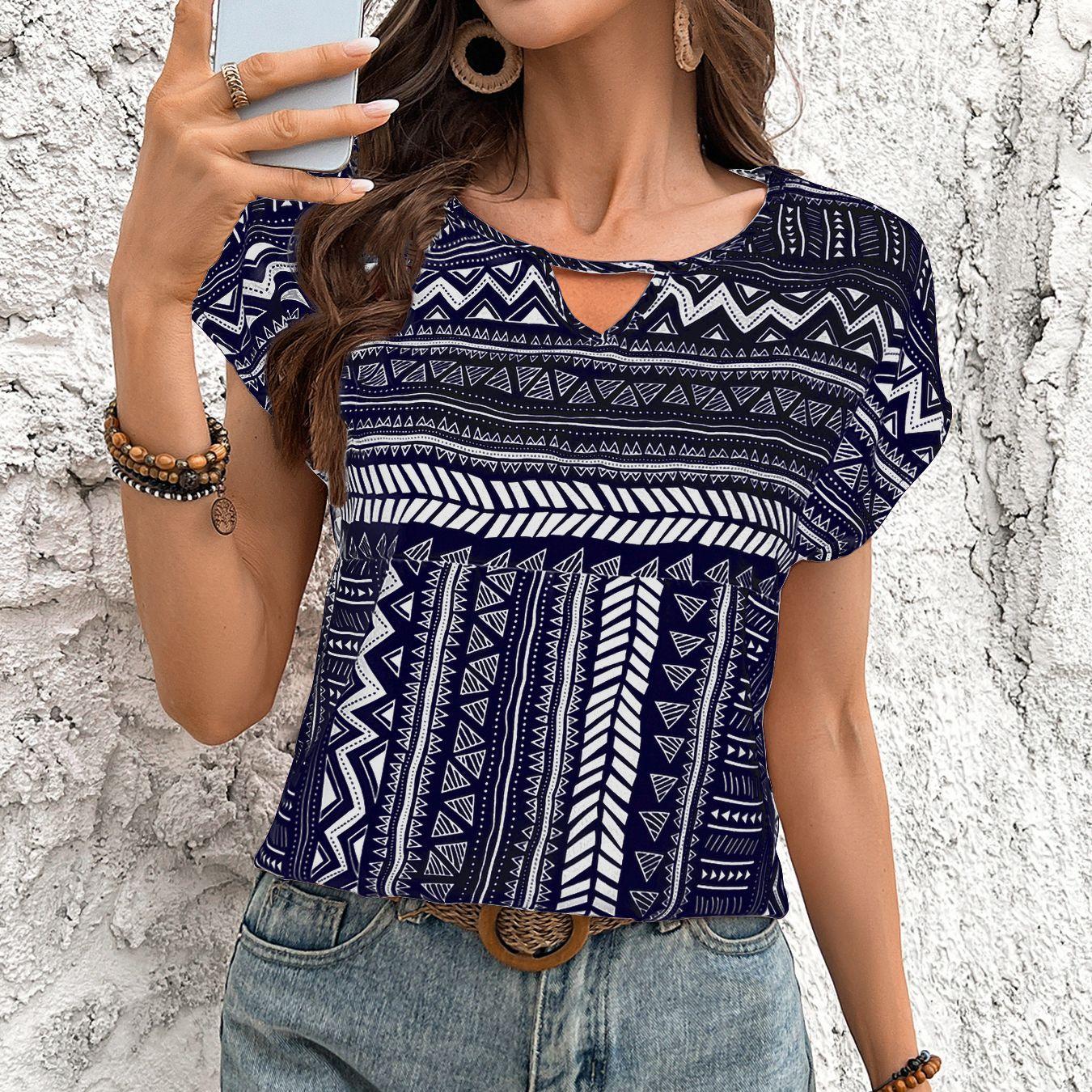 

Летняя новая повседневная женская футболка с геометрическим узором, круглым вырезом и короткими рукавами 2XL