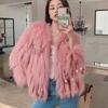 Cappotto rosa in finta pelliccia da donna con scollo a V, paillettes e frange, giacca corta, capospalla invernale soffice