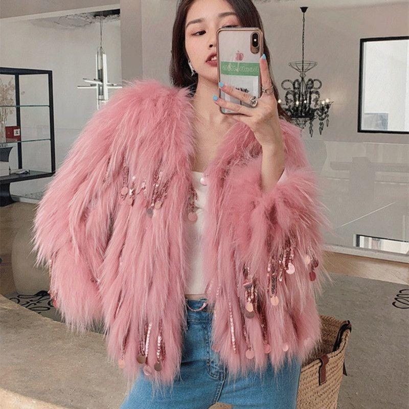 Cappotto rosa in finta pelliccia da donna con scollo a V, paillettes e frange, giacca corta, capospalla invernale soffice